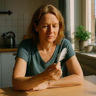 Eine Person sitzt hell beleuchtet am Fenster und h&auml;lt inne, als w&uuml;rde sie einen inneren Engel-Impuls pr&uuml;fen.