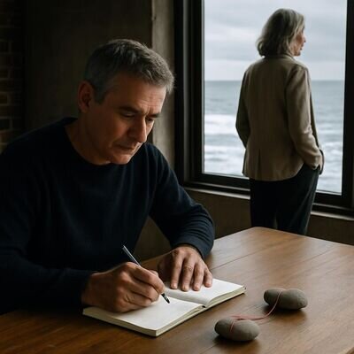 Eine Person schreibt ruhig in ein Notizbuch, w&auml;hrend im Hintergrund unscharf eine zweite Person am Fenster steht; Symbol f&uuml;r Selbstfokus und Klarheit.