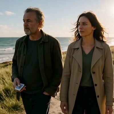 Zwei Menschen gehen nebeneinander an der Kueste, nachdenklich und offen, mit ruhiger Stimmung.