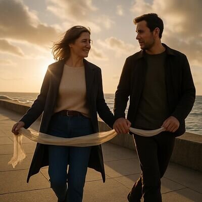 Ein Paar geht nebeneinander, verbunden und dennoch mit eigenem Raum.