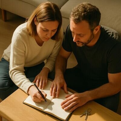 Zwei Menschen schreiben gemeinsam in ein Notizbuch, als Zeichen für klare Routinen und Stabilisierung.