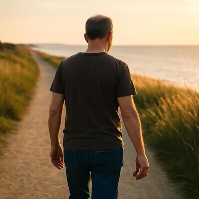 Eine Person geht in einer weiten Landschaft spazieren, klare Luft, ruhige Zuversicht.