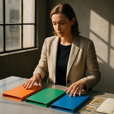 Eine Person im B&uuml;ro blickt zwischen drei markierten Optionen hin und her, sinnbildlich f&uuml;r A/B/C im Beruf.