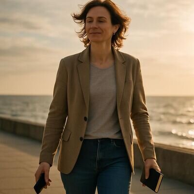 Eine Person geht drau&szlig;en spazieren und h&auml;lt das Smartphone bewusst zur Seite, wirkt erleichtert.