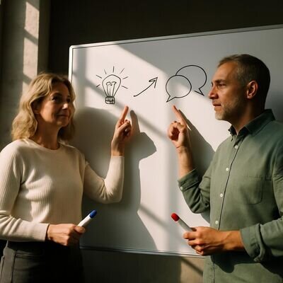 Ein Paar steht in einem hellen Raum an einem Whiteboard und schaut gemeinsam auf kurze Stichwoerter, konzentriert und ruhig.