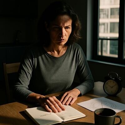 Eine Person sitzt an einem Tisch mit Notizbuch, Kalender und dezenter Sternkarte und wirkt konzentriert und ruhig.