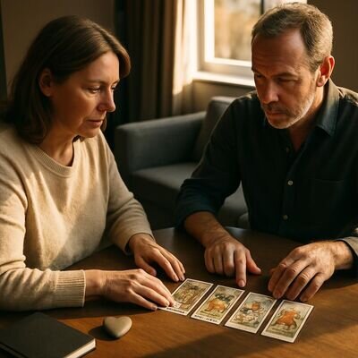 Zwei Personen sitzen an einem Tisch, Karten liegen offen, Gespr&auml;ch in ruhiger Atmosph&auml;re.