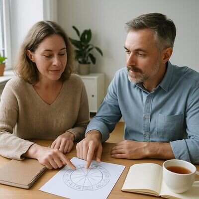 Zwei Menschen sitzen an einem Tisch und sprechen ruhig &uuml;ber Jahresmotive; ein Sternzeichen-Rad liegt als Symbol bereit.