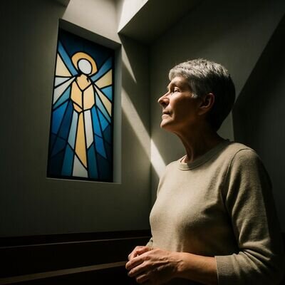 Helle Kirche oder Kapelle, Mensch betrachtet ein Engelmotiv in ruhiger Stimmung.