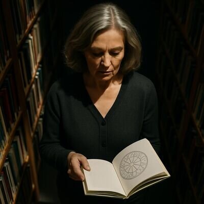 Eine Person steht in einer Bibliothek und liest aufmerksam, als Symbol f&uuml;r Klarheit und Selbstkenntnis.