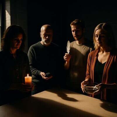 Vier Personen in einer kreativen Workshop-Situation, jede mit einem Element-Symbol, freundlich und konzentriert.