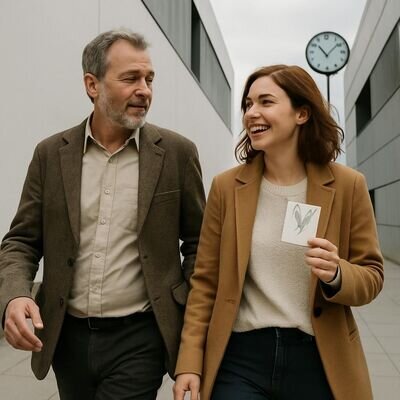 Zwei Menschen im Gespr&auml;ch auf einer Stadtstra&szlig;e, eine Uhr im Hintergrund als Symbol f&uuml;r Zufall und Timing.