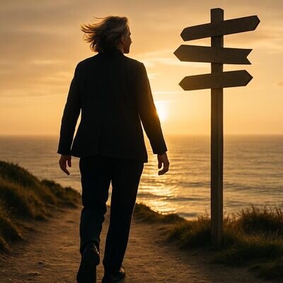 Eine Person geht einen Weg mit symbolischem Wegweiser und wirkt entschlossen, aber ruhig.