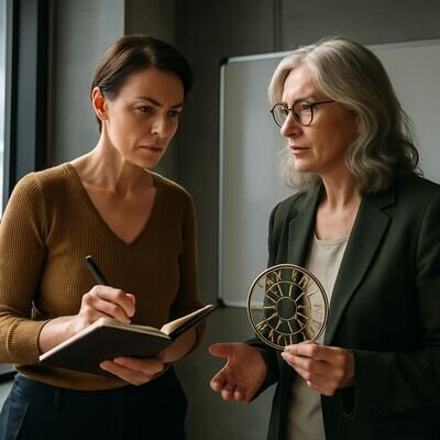 Zwei Personen besprechen ruhig ein Thema, Notizen und ein kleines Sternzeichen-Objekt unterst&uuml;tzen die Metapher f&uuml;r Klarheit.