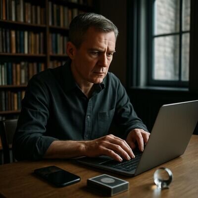 Eine Person schreibt konzentriert am Laptop, das Handy liegt daneben, die Stimmung ist ruhig und fokussiert.