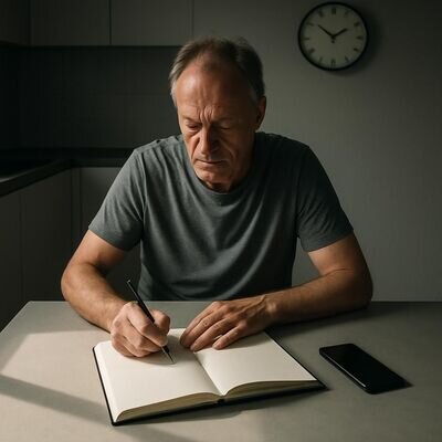 Eine Person notiert Beobachtungen zu Uhrzeiten, um H&auml;ufigkeit n&uuml;chtern einzuordnen.