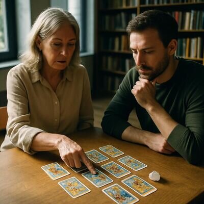 Beratungsszene mit Karten auf dem Tisch und achtsamer Interaktion.