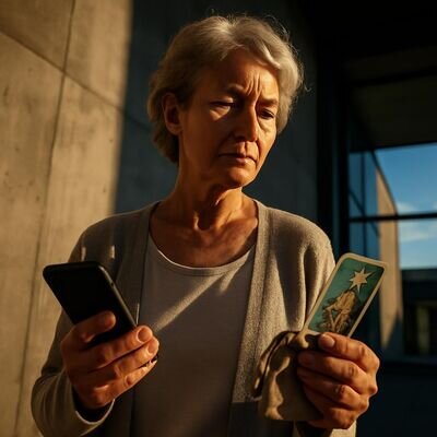 Person pr&uuml;ft seri&ouml;se Hinweise, h&auml;lt Smartphone und Notizzettel, nachdenklich aber ruhig.