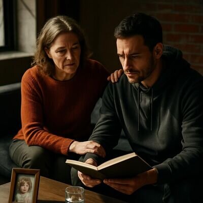 Zwei Personen sitzen in einem hellen Raum, eine beruhigende Geste und ein Notizbuch als Symbol f&uuml;r Reflexion.