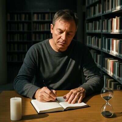 Ein Mann in einer hellen Bibliothek notiert Gedanken in ein Heft &ndash; Symbol f&uuml;r reflektierte, sanfte Einordnung von Verlusttr&auml;umen.