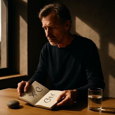 Eine Person bl&auml;ttert in einem Notizbuch mit Skizzen und Symbolen, helles Tageslicht, klarer Fokus.