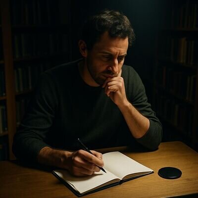 Ein Mann reflektiert an einem ruhigen Ort und schreibt eine Intention auf.