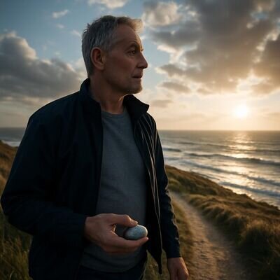 Eine Person h&auml;lt ein kleines Symbolobjekt und blickt in eine helle Landschaft, als w&uuml;rde sie Erkenntnisse in den Tag mitnehmen.