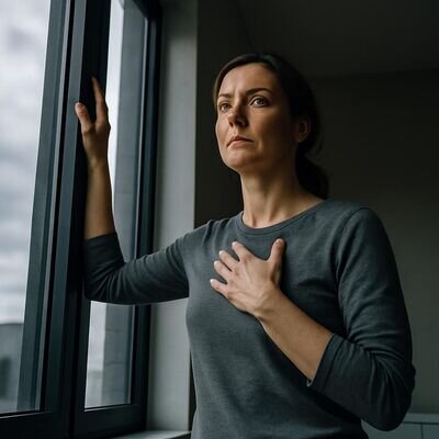 Eine Person steht nach dem Aufwachen ruhig am Fenster, Tageslicht im Raum, Zeichen von Orientierung und Erdung.