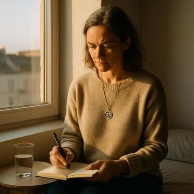 Eine Person sitzt morgens am Fenster mit Notizbuch, warmes Licht, nachdenklich und ruhig.