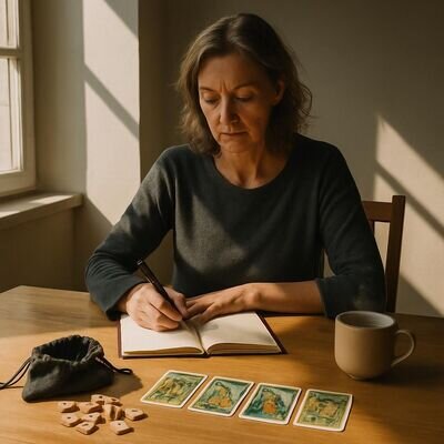 Eine Person notiert einen Traum in einem hellen Raum, neben ihr liegen Tarotkarten und Runensteine als Symbole der Reflexion.