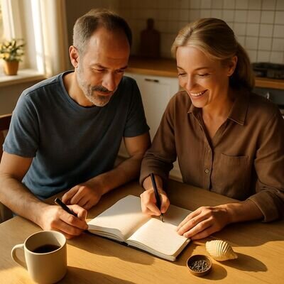 Zwei Erwachsene sitzen am hellen K&uuml;chentisch und notieren Traumerinnerungen in ein gemeinsames Notizbuch, warme Morgenstimmung.