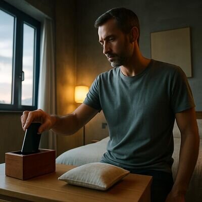 Eine Person legt das Smartphone bewusst weg und w&auml;hlt ein ruhiges Abendritual in heller, freundlicher Umgebung.