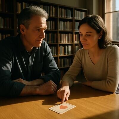 Zwei Menschen im Gespr&auml;ch an einem Tisch, offene Haltung, eine symbolische Karte als Zeichen f&uuml;r intuitive Deutung.