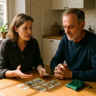 Zwei Menschen sitzen an einem Tisch, Kipperkarten liegen ausgebreitet, ruhige Gespr&auml;chssituation bei Tageslicht.