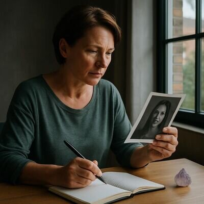 Eine Person betrachtet ein neutrales Portr&auml;tfoto und notiert Gedanken zur eigenen Grenze und Privatsph&auml;re.