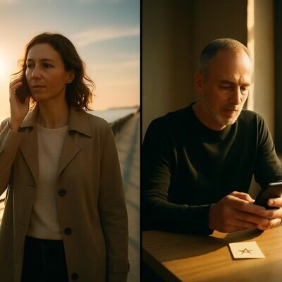 Zwei unterschiedliche Personen in geteiltem Setting: eine spricht am Telefon, die andere chattet; beide wirken ruhig und reflektiert.