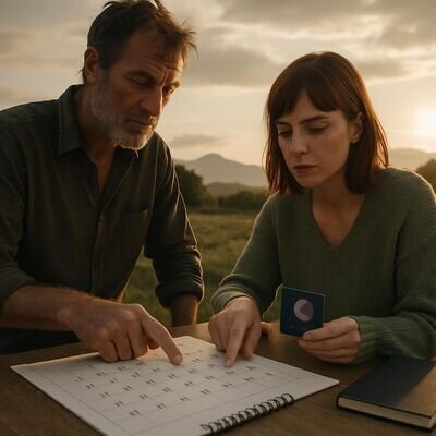 Zwei Menschen besprechen entspannt die Wochenplanung mit einem astrologischen Kalender als Orientierung.