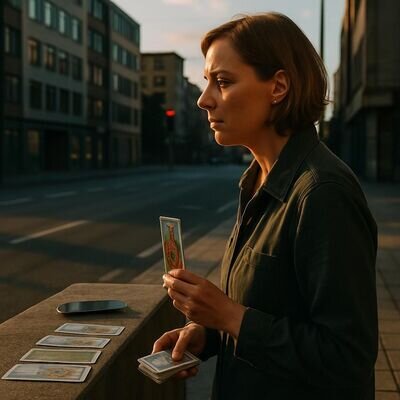 Eine Person sitzt nachdenklich mit Smartphone und Kartenstapel am Tisch, Stimmung zwischen Hoffnung und Ungewissheit.