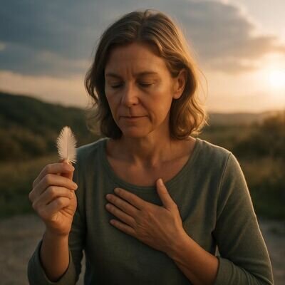 Eine Person sitzt in einem hellen Innenraum und sammelt sich f&uuml;r ein Dankbarkeitsritual mit Engel-Symbolik.