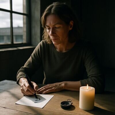 Eine Person sammelt Gedanken und formuliert eine klare Frage, bevor sie eine spirituelle Beratung nutzt.