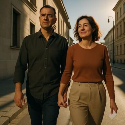 Ein Paar geht Hand in Hand durch eine helle, freundliche Stadtstra&szlig;e und wirkt ruhig und zuversichtlich.
