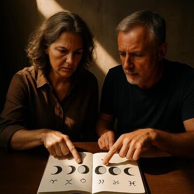 Zwei Menschen betrachten ein Notizbuch mit Mondphasen-Skizzen und sprechen dabei.