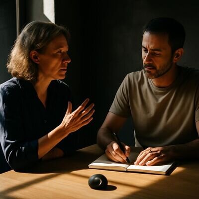 Zwei Personen in einem ruhigen Setting, die Notizen machen und ein Zielthema kl&auml;ren.