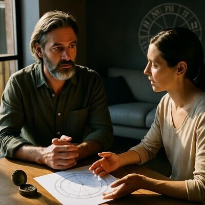 Zwei Menschen sitzen an einem Tisch und sprechen ruhig &uuml;ber Gef&uuml;hle und Erwartungen, mit astrologischen Symbolen dezent im Hintergrund.