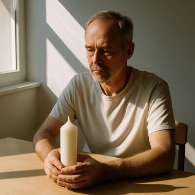 Ein Mann sitzt in einem hellen Raum, ein Sonnenstrahl faellt markant ein und erzeugt eine warme, klare Stimmung.