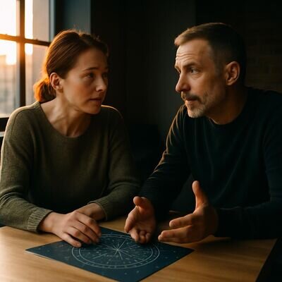 Zwei Menschen im Austausch, freundlich und konzentriert, mit dezenten Sternzeichen-Symbolen als visuelle Metapher.
