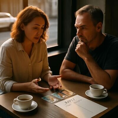 Zwei Menschen deuten Karten gemeinsam und sprechen ruhig ueber eine Entscheidung.