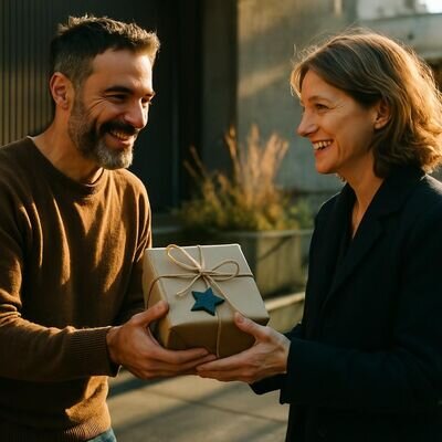 Zwei Erwachsene &uuml;berreichen ein liebevoll verpacktes Geschenk; dezentes Sternsymbol als Hinweis auf Sternzeichen-Inspiration.