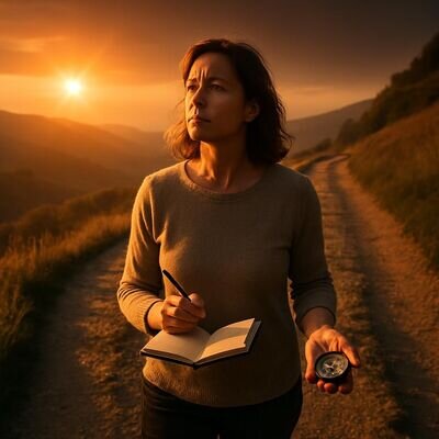 Eine Frau blickt nachdenklich in eine helle, neblige Landschaft und h&auml;lt ein kleines Notizbuch in der Hand.