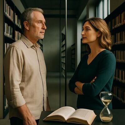 Zwei Menschen stehen in einer hellen Bibliothek vor einem Spiegel und wirken nachdenklich, als w&uuml;rden sie Muster reflektieren.